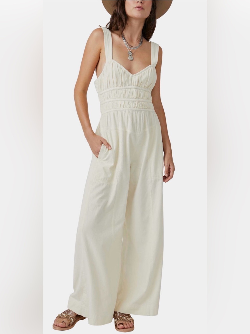 Free People After All Ruched Wide Leg Cotton Jumpsuit Cream 100% Cotton